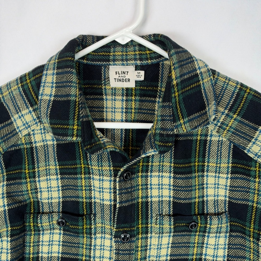 Flint and Tinder Mens Medium Flannel Shirt Button Down Navy Green Yellow Plaid